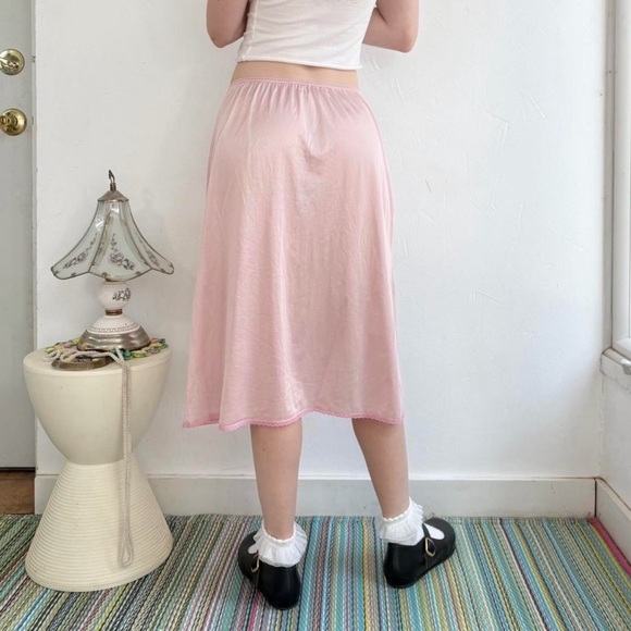 baby pink satin slip midi skirt with lace cutouts - Picture 3 of 8